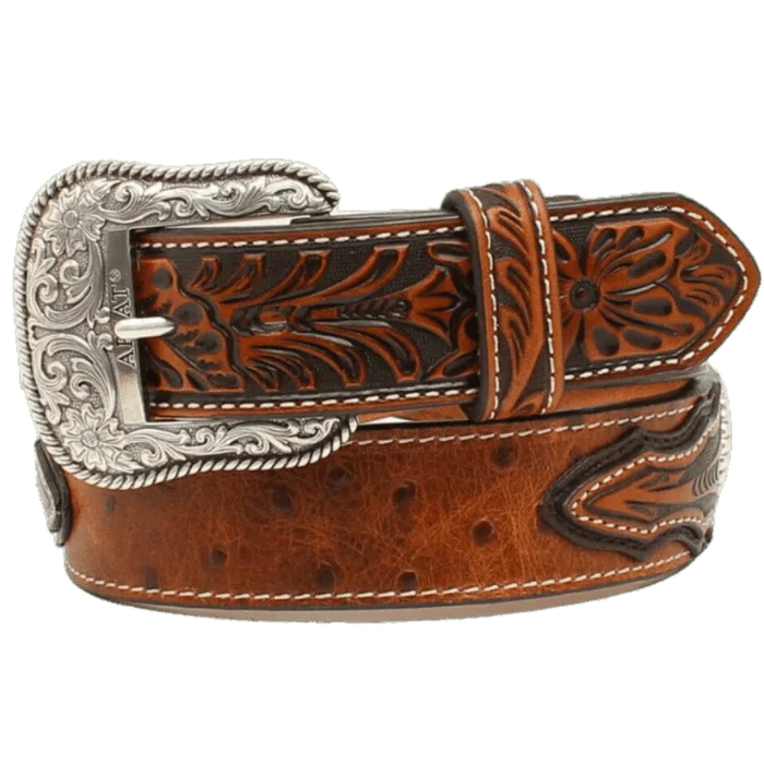 Ariat Men's Embossed Tabs & Silver Conchos Brown Imitation Ostrich Leather Belt