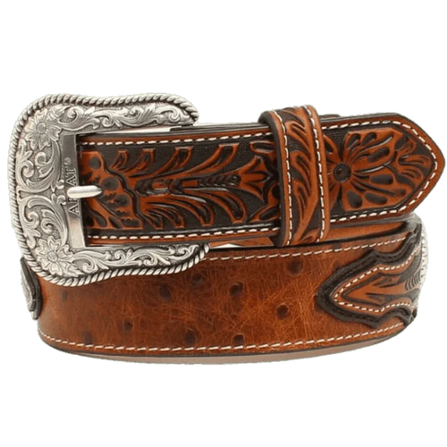Ariat Men's Embossed Tabs & Silver Conchos Brown Imitation Ostrich Leather Belt
