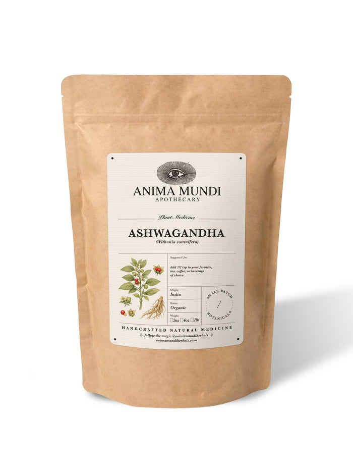 A stand-up kraft paper pouch of Anima Mundi Apothecary Ashwagandha herbal supplement, featuring a white label with botanical illustrations, set against a plain white background.