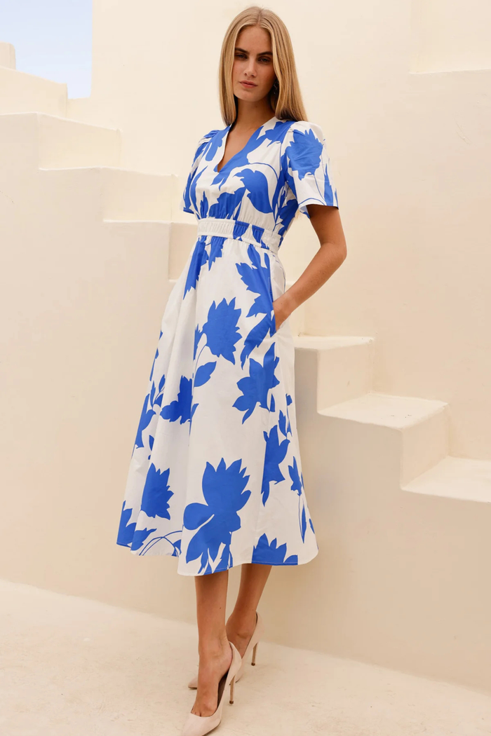 Aspiga Elsa Printed Cotton Midi Dress Ivory Cobalt by aspiga featuring short sleeves and elastic waist Shop aspiga at Dotique