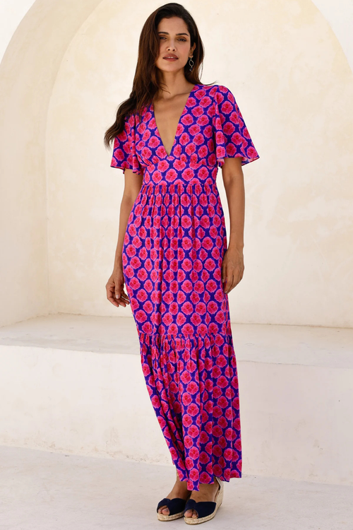 Aspiga Sylvie EcoVero Midaxi Dress Bloom Blue Pink by aspiga with short flutter sleeves and V-neck Shop aspiga at Dotique