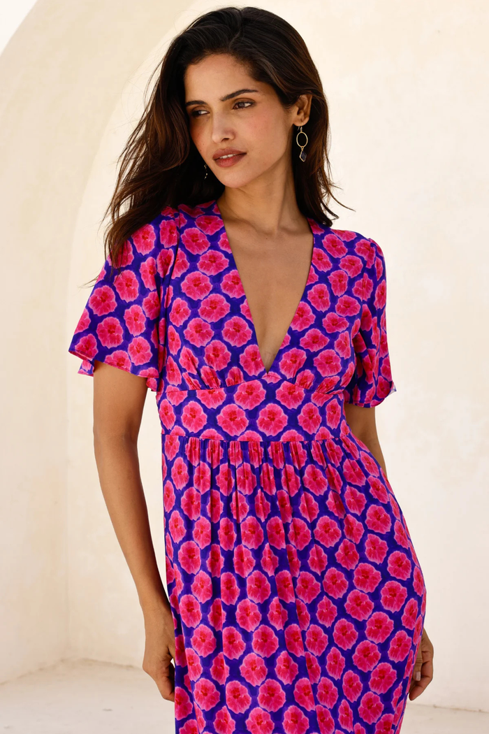 Aspiga Sylvie EcoVero Midaxi Dress Bloom Blue Pink by aspiga with deep V-neck and floral print Shop aspiga at Dotique