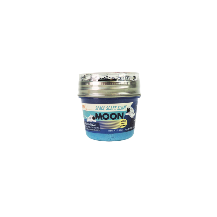 A small plastic container of Astroverse Space Scape Slime by Astroverse labeled "Moon" features blue sensory slime. The clear lid displays moon and astronaut graphics. Net weight: 3.5 oz (99g).