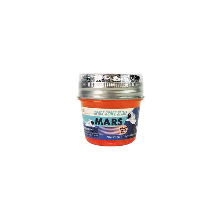A small plastic container of Astroverse Space Scape Slime, an orange, galaxy-inspired slime with silver glitter for sensory play, featuring an astronaut illustration on the label. Brand: Astroverse.