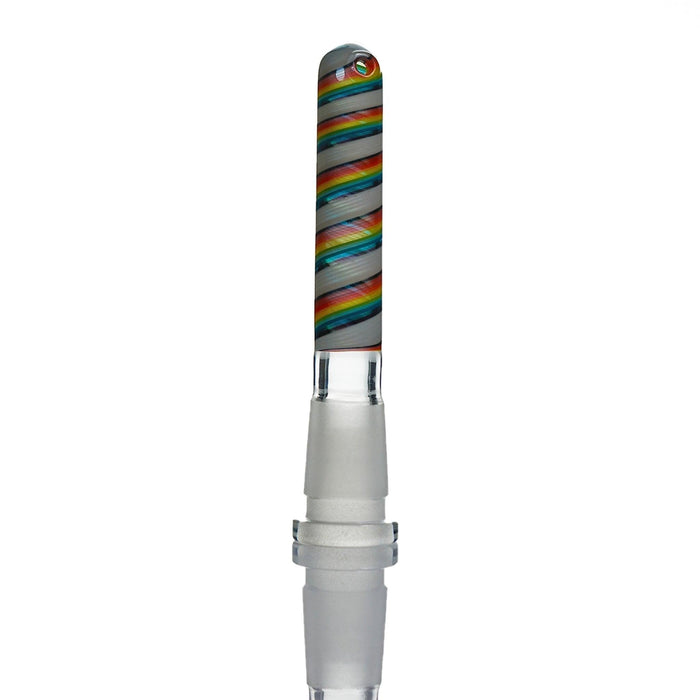 Close-up of Augy Downstem Rainbow Swirl 14 mm 4 inch showing detailed glass craftsmanship