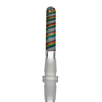 Close-up of Augy Downstem Rainbow Swirl 14 mm 4 inch showing detailed glass craftsmanship