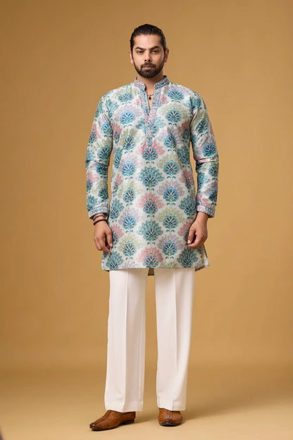 Azure Bloom Printed Jacquard Kurta Set for Men | Mahavir NX