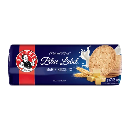 Blue plastic pack of Bakers Blue Label Marie Biscuits 200g with round biscuits, wheat, and milk splash graphics.