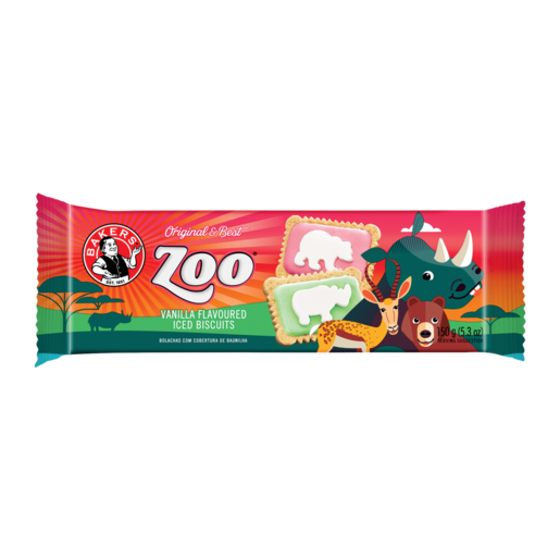 Bakers Zoo Vanilla Flavoured Iced Biscuits 150g plastic wrapper with colorful animal illustrations and iced cookies.