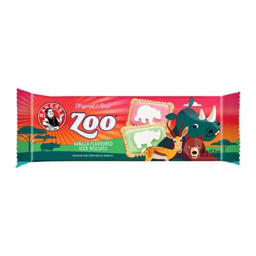 Bakers Zoo Vanilla Flavoured Iced Biscuits 150g plastic wrapper with colorful animal illustrations and iced cookies.