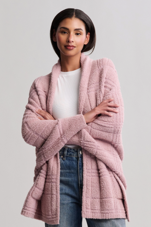 Barefoot Dreams CozyChic Tonal Plaid Teaberry Blanket Wrap Outerwear in at Wrapsody