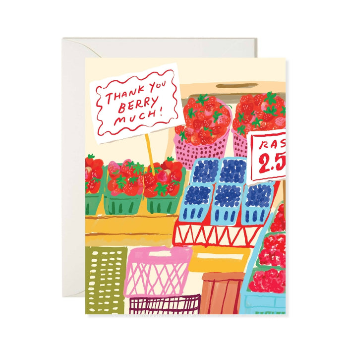 Greeting card with illustration of a grocery store produce section and 'Thank you berry much!' text.
