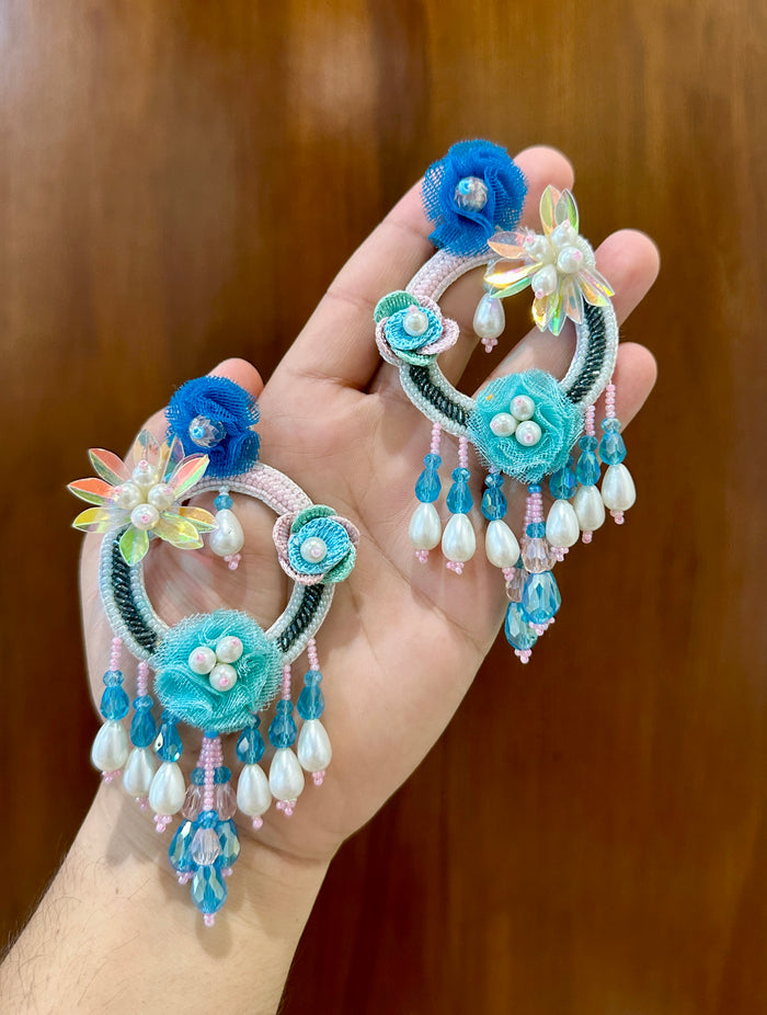 Blue & Aqua Handmade Beaded Floral Hoop Drop Earrings