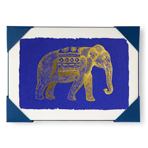 Card with a gold elephant design on a blue background