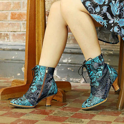 Blue Embossed Leather And Warm Brocade Comfy Ankle Boots