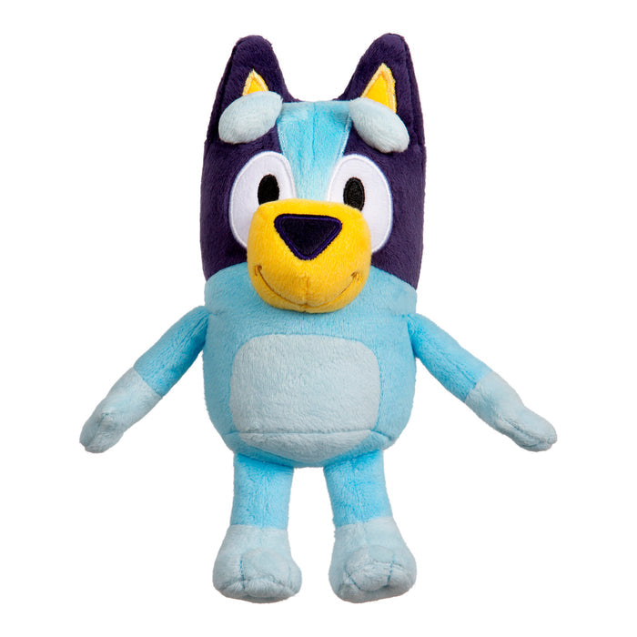 The Bluey & Friends Plushie by Moose Toys features Bluey, a blue and light blue cartoon dog with dark blue ears and a yellow snout, standing upright—a must-have for fans of Bluey plush toys.