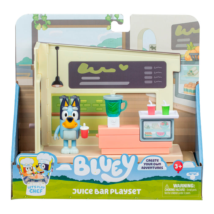 The Bluey Mini Playset & Figures by Moose Toys features a Bluey figure with a drink, blender, counter, menu board, and juice cups in a fun juice bar scene. Ideal for ages 3+, it encourages endless imaginative play and is perfect for collecting.