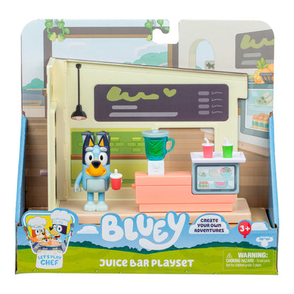 The Bluey Mini Playset & Figures by Moose Toys features a Bluey figure with a drink, blender, counter, menu board, and juice cups in a fun juice bar scene. Ideal for ages 3+, it encourages endless imaginative play and is perfect for collecting.