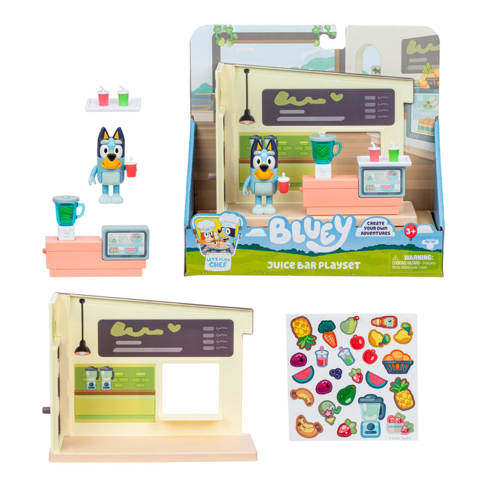 Bluey Mini Playset & Figures by Moose Toys includes a Bluey figure, juice bar counter, blender, cups, register, and fruit stickers—perfect for Bluey fans and presented in eye-catching packaging.