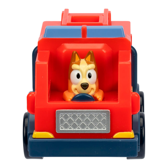 The Bluey Mini Racers by Moose Toys is a kids' toy fire truck featuring a cartoon dog driver. With its red body and blue and yellow accents, it's perfect for collectors and fans of fun toy vehicles.