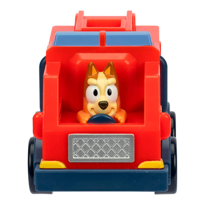 The Bluey Mini Racers by Moose Toys is a kids' toy fire truck featuring a cartoon dog driver. With its red body and blue and yellow accents, it's perfect for collectors and fans of fun toy vehicles.