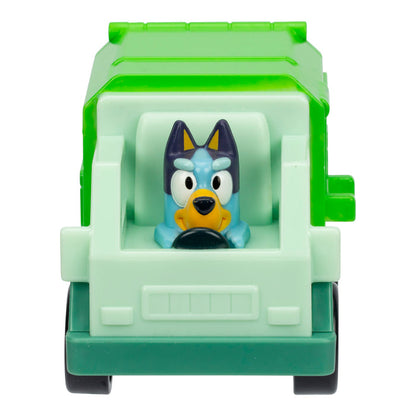 A small toy truck from Moose Toys, Bluey Mini Racers, featuring a green cab and a cartoon blue dog character driving, viewed from the front.