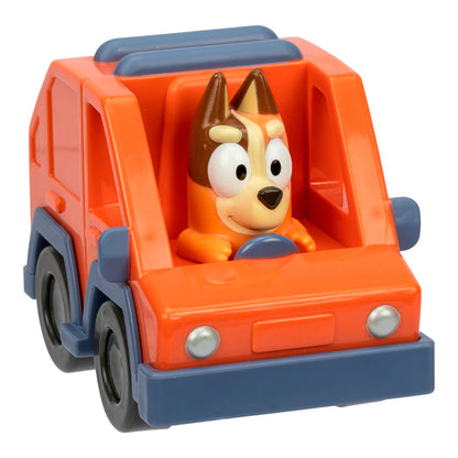 The Bluey Mini Racers by Moose Toys features a brown and tan cartoon dog in the driver’s seat of a bright orange and blue toy car, making it a perfect collectible vehicle for kids.