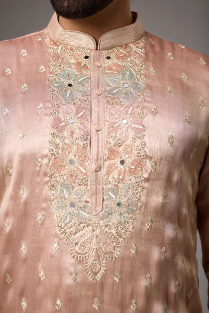 Blush Rose Intricate Kurta Pajama Set for Men – Front View | Mahavir NX