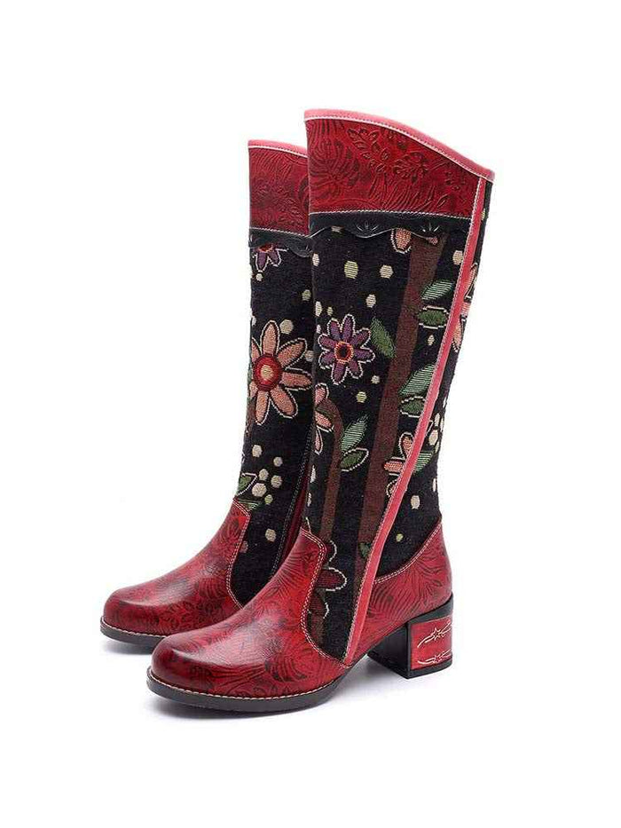 Bohemian Leather Block Heel Long Boots