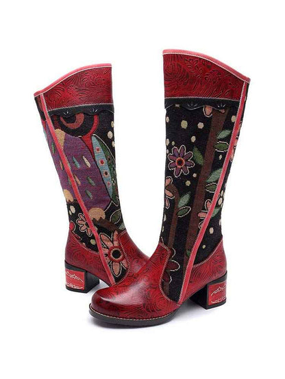 Bohemian Leather Block Heel Long Boots