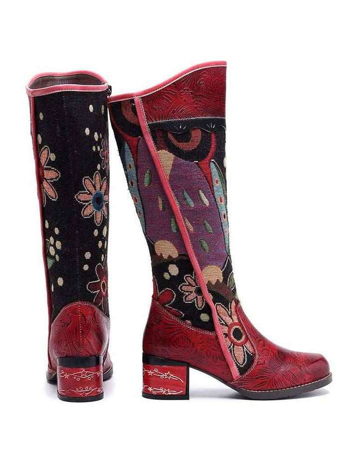 Bohemian Leather Block Heel Long Boots