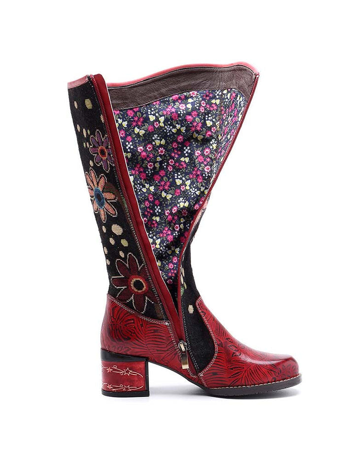 Bohemian Leather Block Heel Long Boots