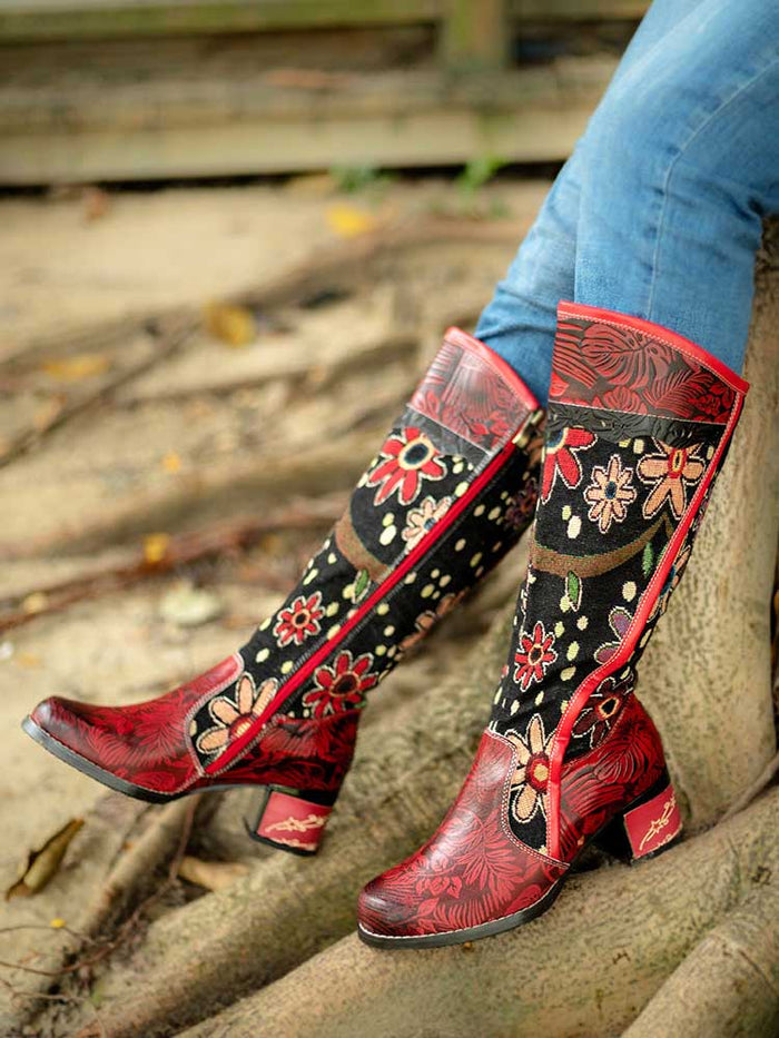 Bohemian Leather Block Heel Long Boots