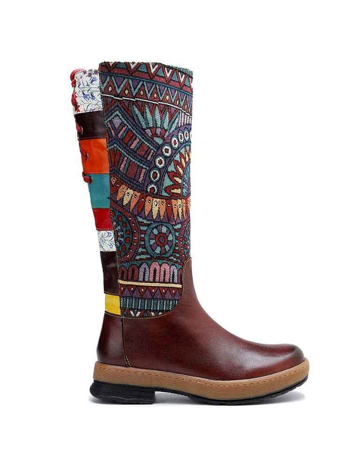 Bohemian Leather Splicing Pattern High Tube Boots
