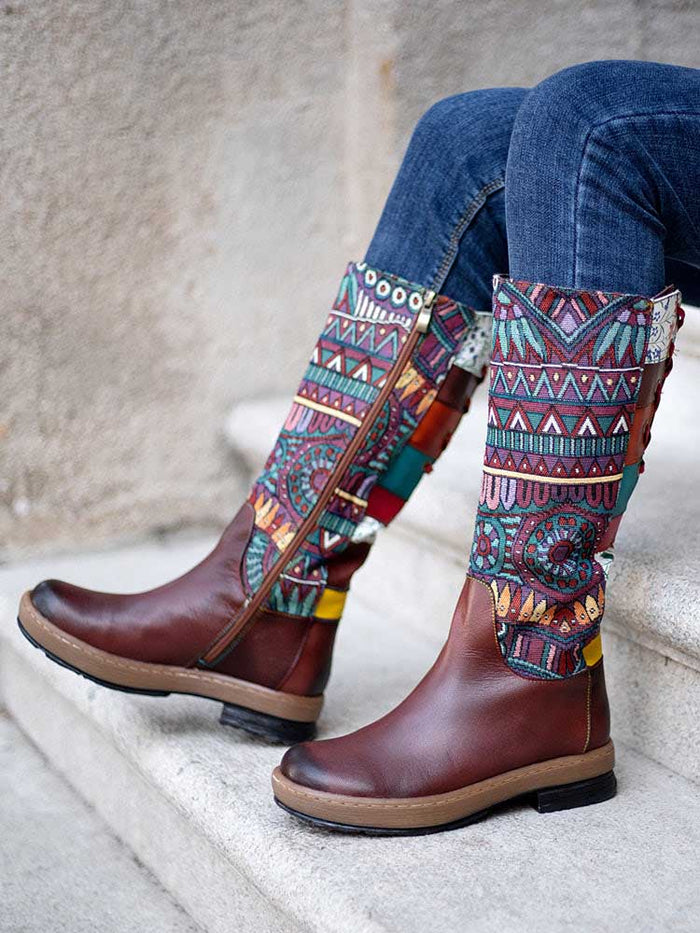 Bohemian Leather Splicing Pattern High Tube Boots