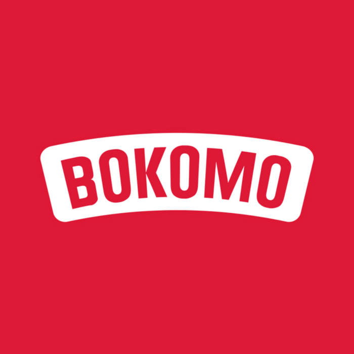 Red BOKOMO logo in white sans-serif text inside a curved rectangular shape on a solid red background.