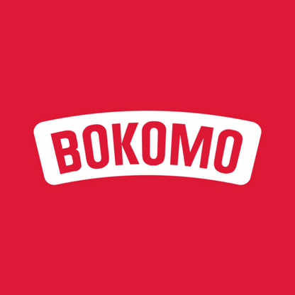 Red BOKOMO logo in white sans-serif text inside a curved rectangular shape on a solid red background.
