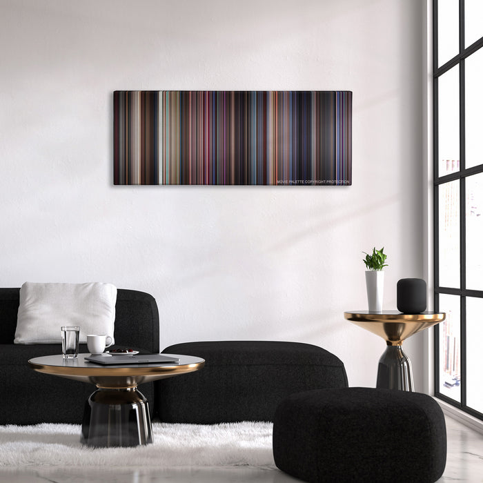 Boogie Nights color palette canvas above a black sofa with a gold-topped table