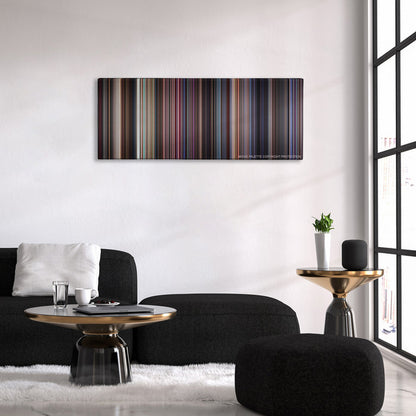 Boogie Nights color palette canvas above a black sofa with a gold-topped table