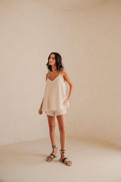 Beige V Neck Adjustable Strap Boston Top