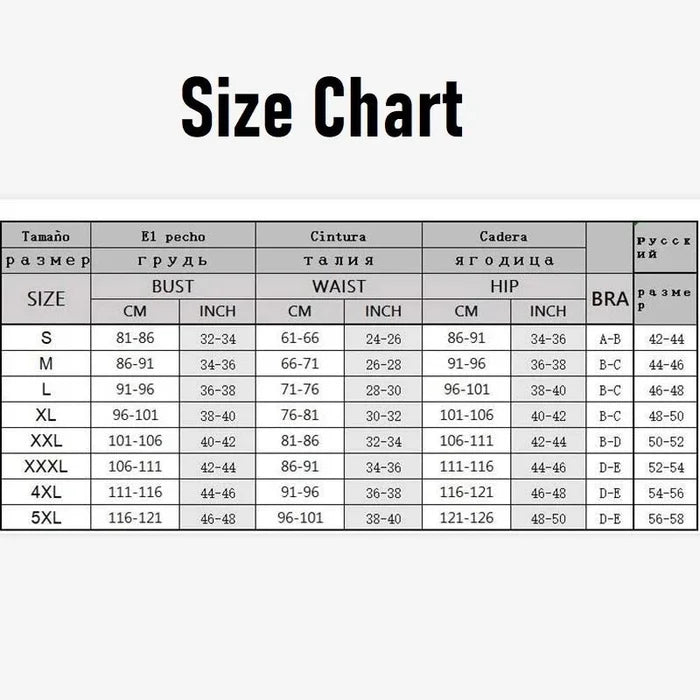 Size chart for clothing measurements in centimeters and inches on a white background