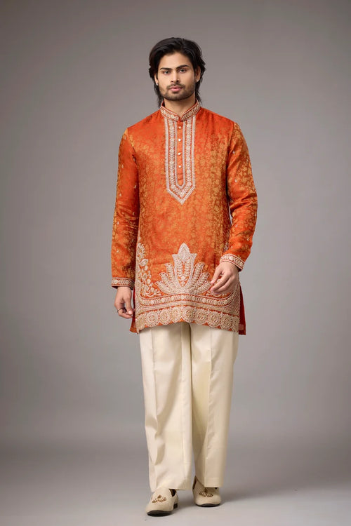 Burnt Orange Regal Brocade Kurta Set for Men | Mahavir NX