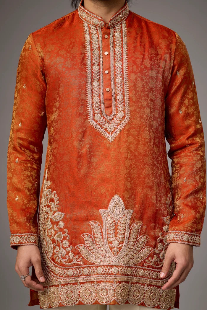 Burnt Orange Brocade Kurta Pajama Set – Front View | Mahavir NX