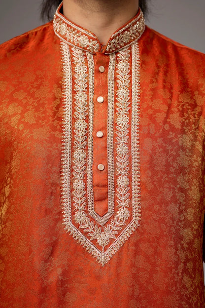 Designer Orange Brocade Ethnic Kurta Set – Side View | Mahavir NX