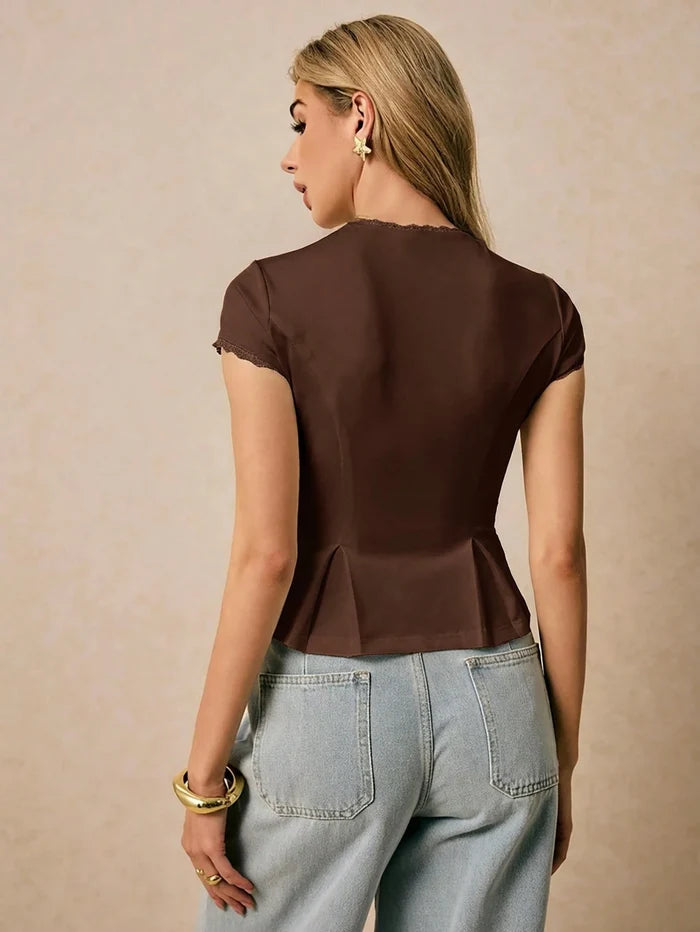 BUTTON CLOSURE LACE TRIM SHORT SLEEVE TOP
