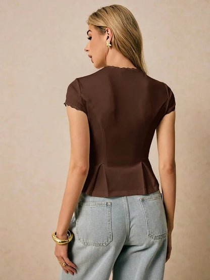 BUTTON CLOSURE LACE TRIM SHORT SLEEVE TOP
