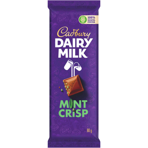 One purple Cadbury Dairy Milk Mint Crisp 80 g chocolate bar with a picture of a chocolate square and mint pieces.