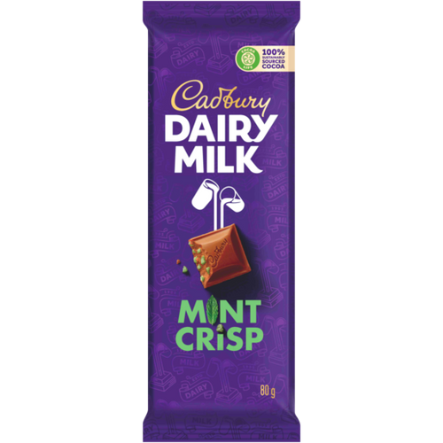 One purple Cadbury Dairy Milk Mint Crisp 80 g chocolate bar with a picture of a chocolate square and mint pieces.