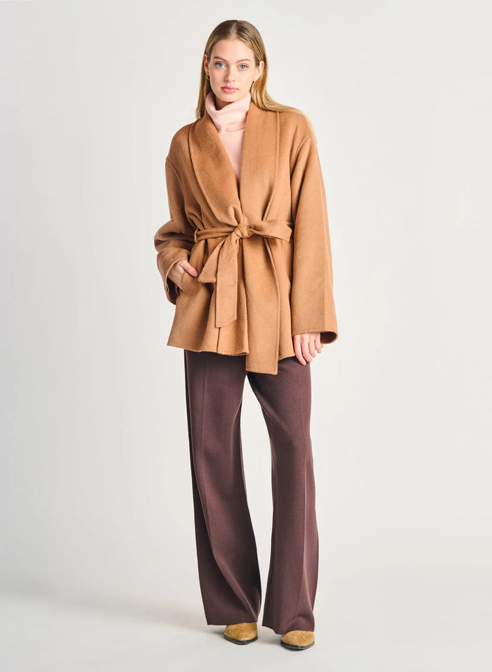 Camel Belted Shawl Collar Coat Acorn Home + Apparel