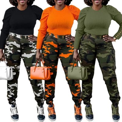 Fitted camo cargo sheath pants women structured FTF Market UK